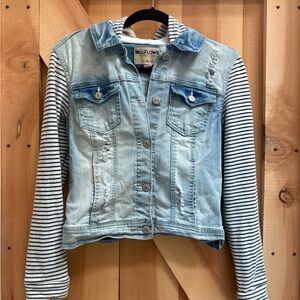 Wallflower Light Blue Denim Jacket with Black and White Striped Sleeves